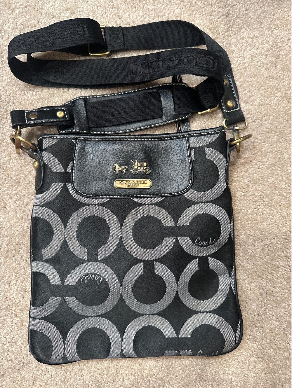 (5)Coach Signature Black and Gray Crossbody Bag with Leather Trim